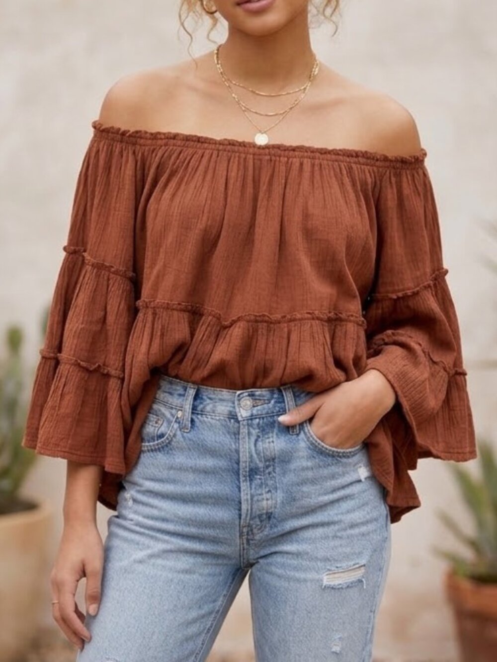 NWT Free People free-est Off Shoulder Tiered Crinkle Brown Top M Boho MSRP $88